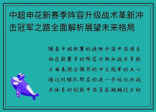 中超申花新赛季阵容升级战术革新冲击冠军之路全面解析展望未来格局