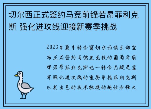 切尔西正式签约马竞前锋若昂菲利克斯 强化进攻线迎接新赛季挑战