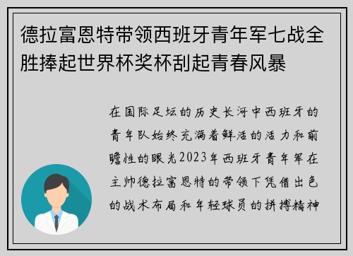 德拉富恩特带领西班牙青年军七战全胜捧起世界杯奖杯刮起青春风暴